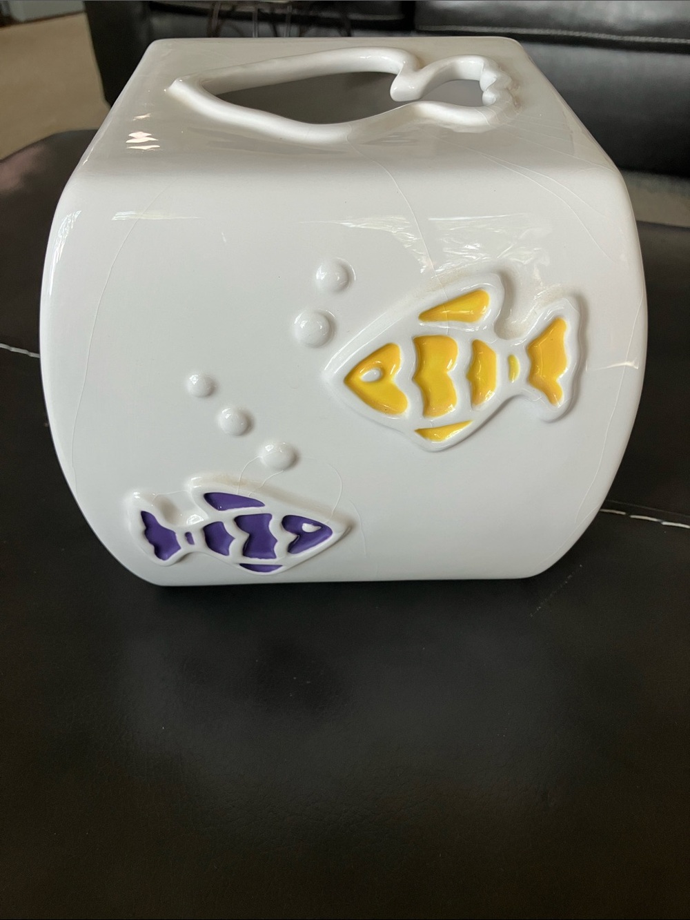 Kohl's White Ceramic Tissue Box Cover with Yellow & Purple Fish